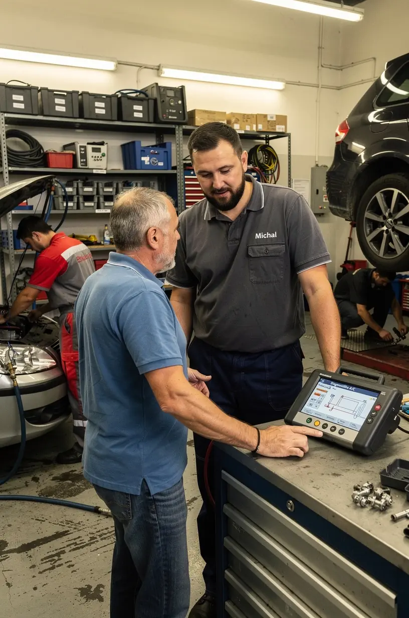 Mechanik v ochrannom odeve opravuje chladiaci okruh klimatizácie v automobile